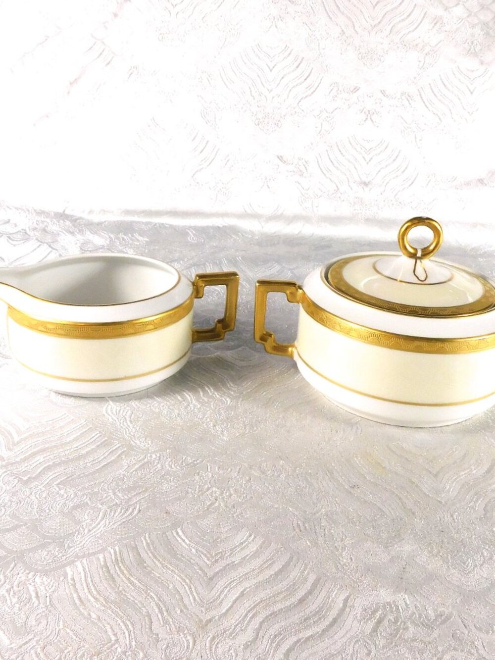 Heinrich & Co. White and Cream Gold Encrusted Sugar Bowl and Creamer # 27919